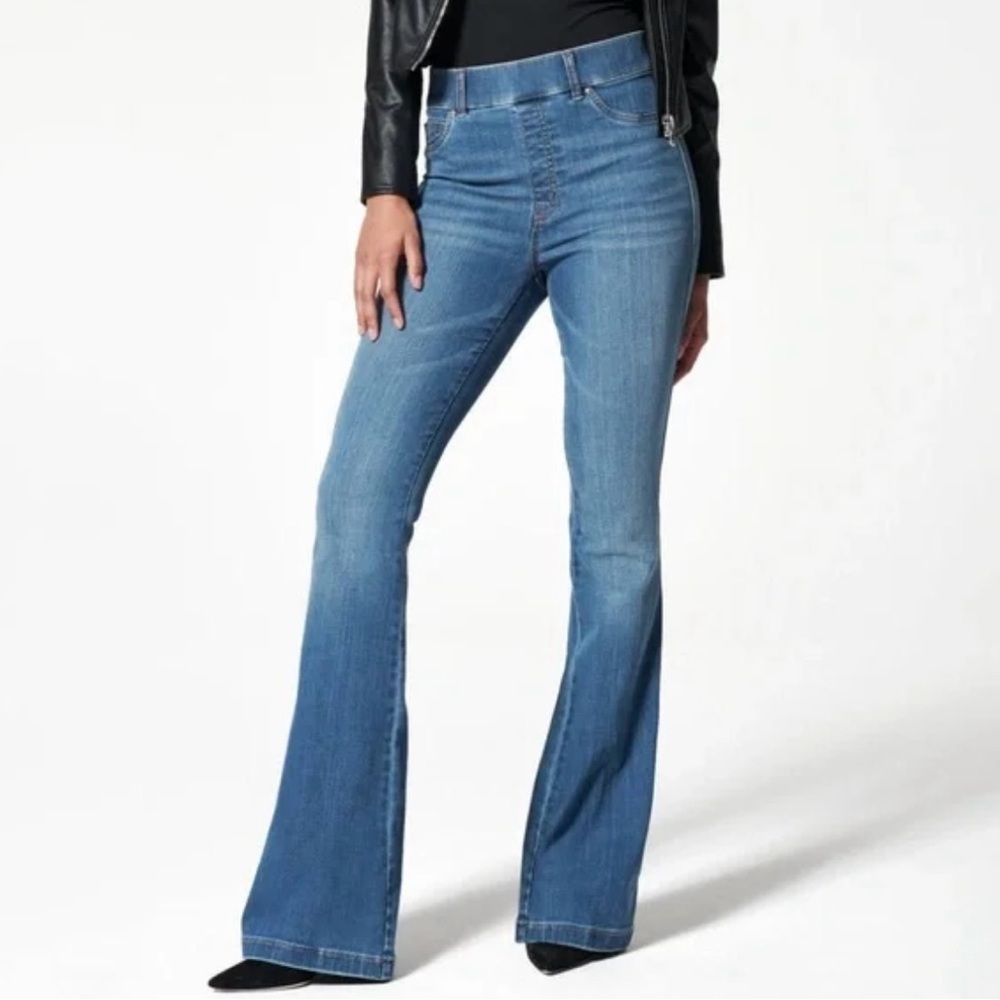 SPANX EveryWear Flare Jeans Full Length Pull On Stretch Denim Sz XL Blue Jeans